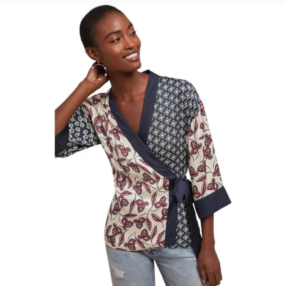 Meadow Rue By Anthropologie Patch Satiny Kimono Tie Top Sz L Red Navy